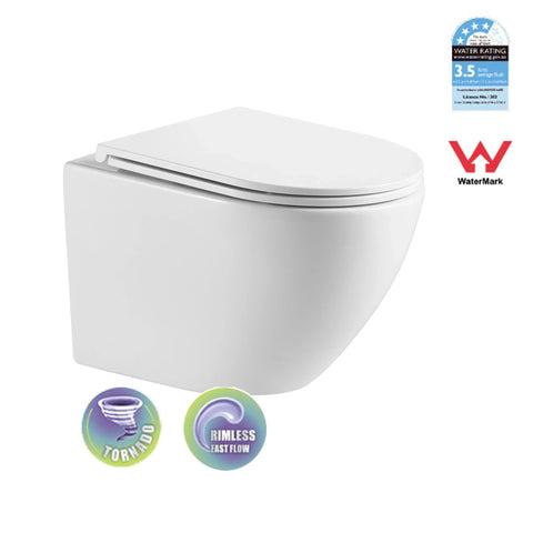 R&T In Wall Package - Tornado Rimless Wall Hung Pan, Inwall Cistern and Button
