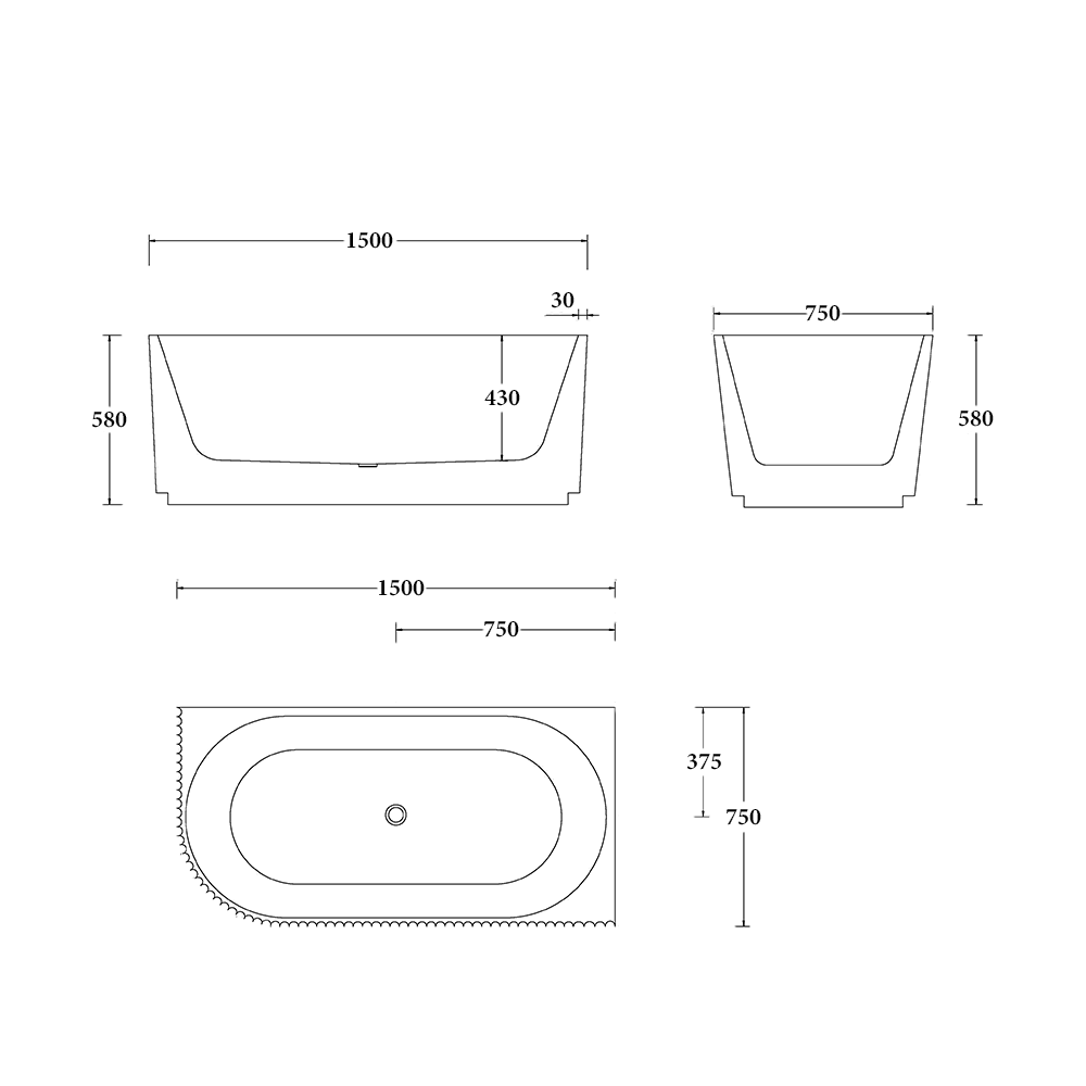 Florence Corner Right Hand Corner Back to Wall Fluted Bath 1500 /1700mm - Gloss White