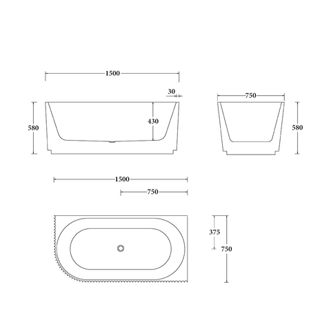 Florence Corner Right Hand Corner Back to Wall Fluted Bath 1500 /1700mm - Gloss White