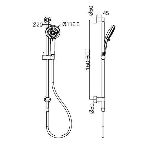 Nero Rail Shower with Built-in Elbow - Various Colours (Top Water Inlet)