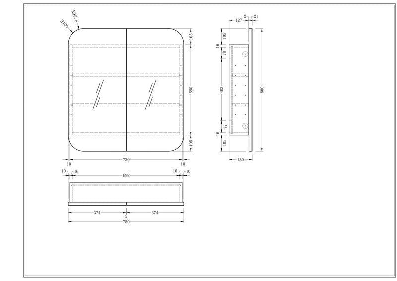 Soft Square Mirror Cabinet Pencil Edge 750/900/1200mm - Matte White / Woodgrain