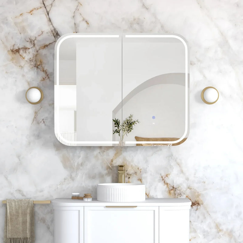 Soft Square LED Mirror Cabinet 450/900/1200/1500x750mm - Matte White / Natural Oak / Black Oak