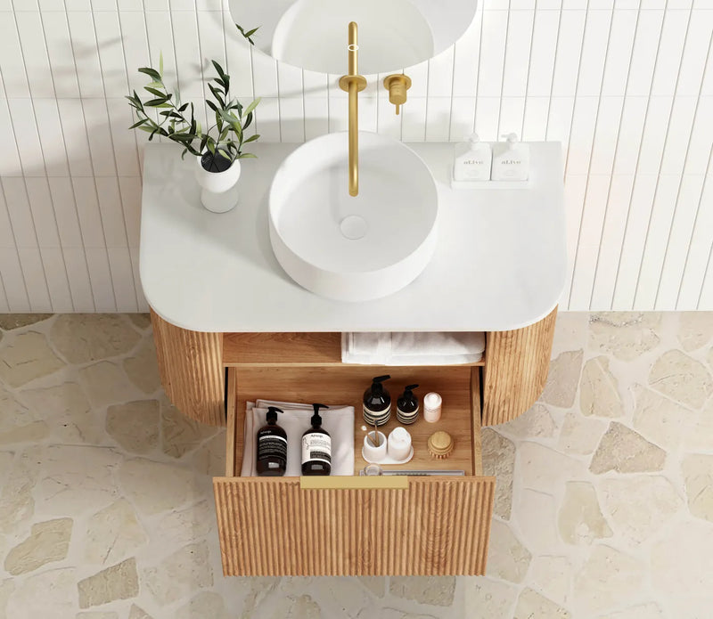 BV12WH Curved Flute Natural Oak Wall Hung Vanity - 600 / 750 / 900 / 1200 / 1500 / 1800mm