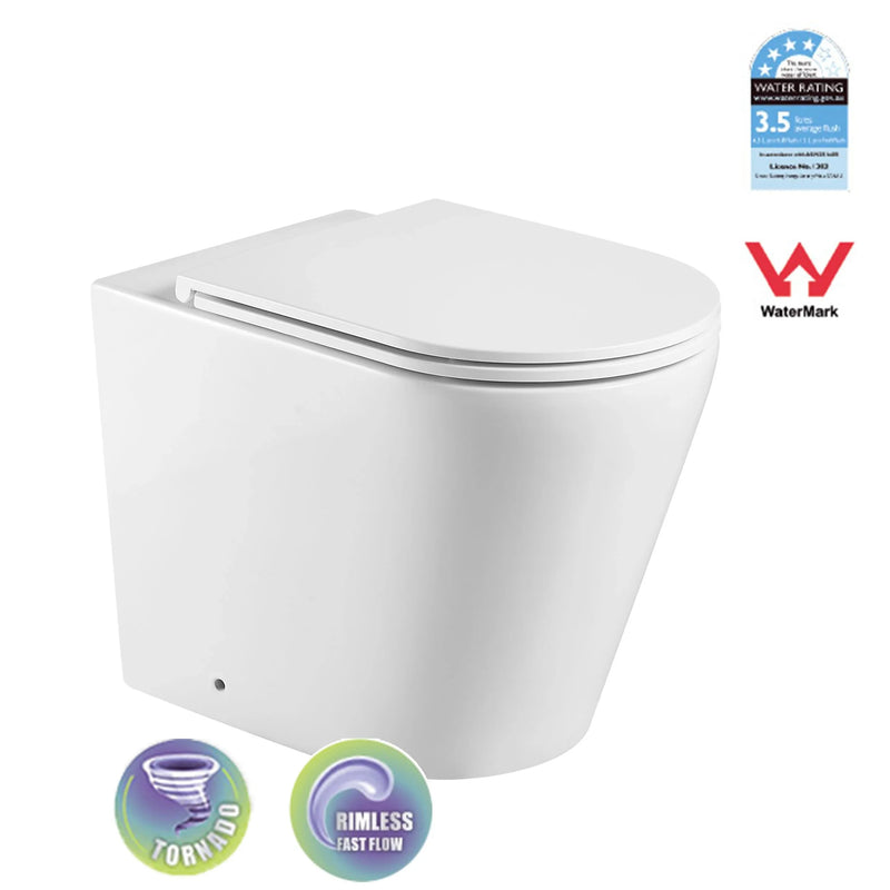 Raised Height Tornado Rimless Flush Floor Mount Pan with Soft Close Seat - Matte White (4 Star)
