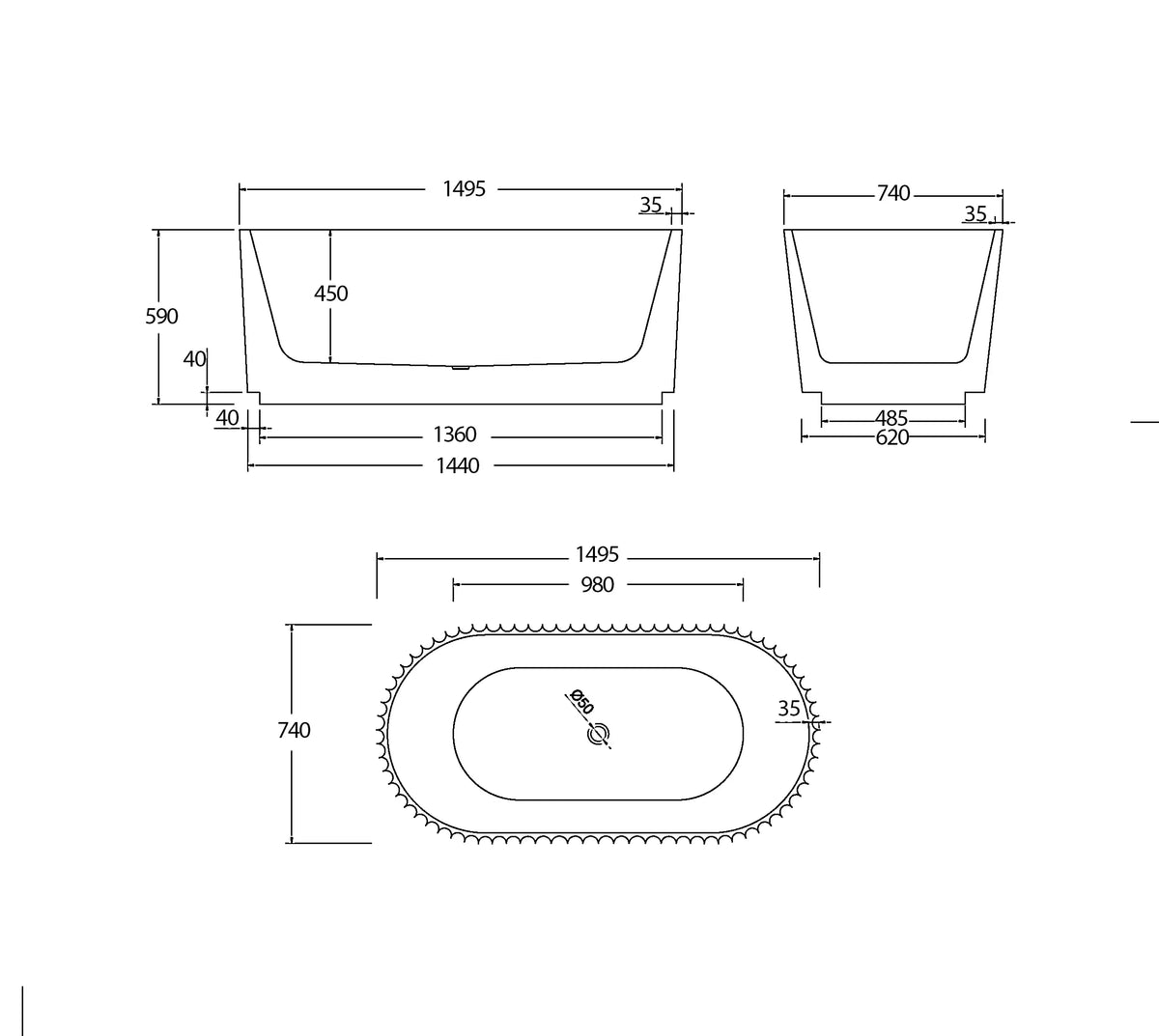Oval Freestanding Fluted Bath 1500 / 1700mm - Gloss White
