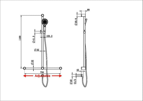Nero Mecca Care T Bar Grab Rail and Adjustable Rail Shower - Various Colours