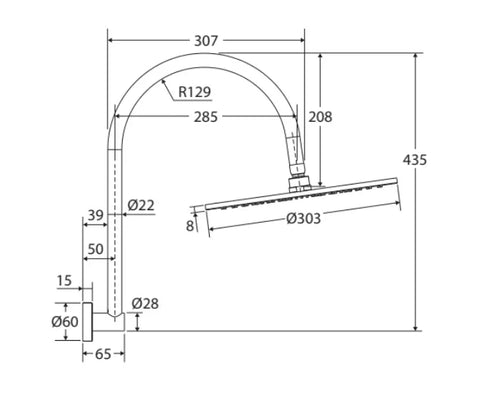 Slim Curved High-Rise Overhead Shower Arm with Head - Various Colours