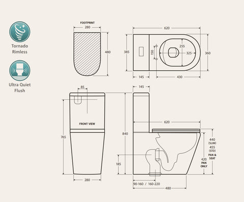 Short Projection Raised Height Back To Wall Tornado Rimless Flush Toilet Suite with Soft Close Seat - White (4 Star)