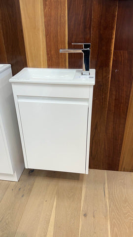 Compact Gloss White Vanity with Ceramic top -  (Floor Display Clearance)