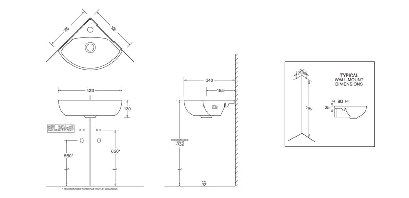 Quado Corner Gloss White Wall Hung Ceramic Basin 300x300mm