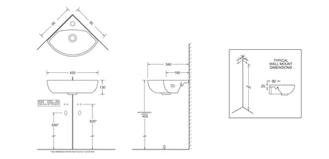 Quado Corner Gloss White Wall Hung Ceramic Basin 300x300mm