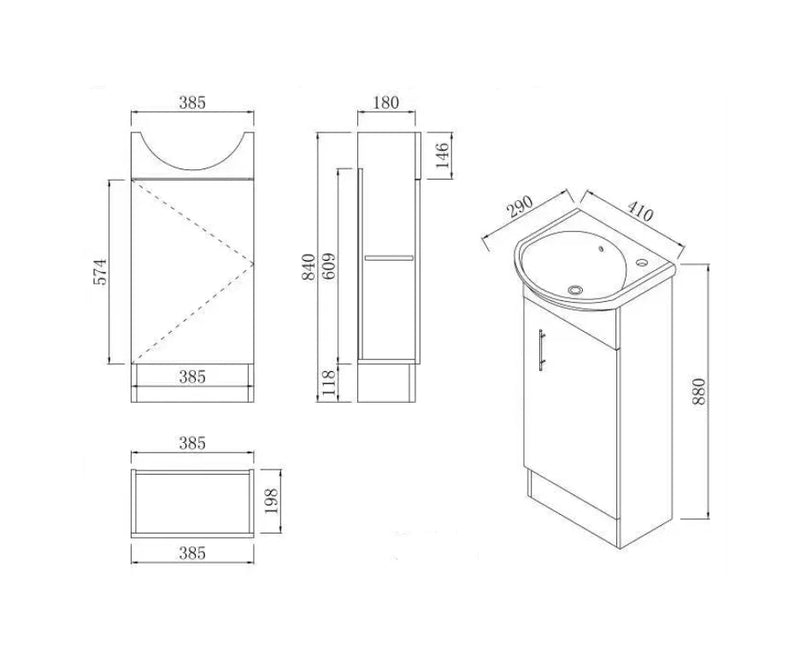 BV37 Gloss White Compact Slim Semi-Recessed Freestanding Vanity - 410x290mm