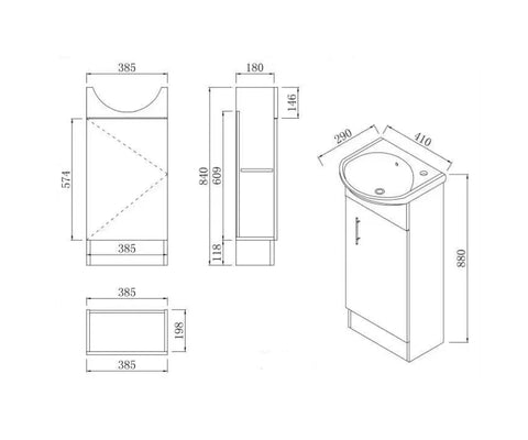 BV37 Gloss White Compact Slim Semi-Recessed Freestanding Vanity - 410x290mm