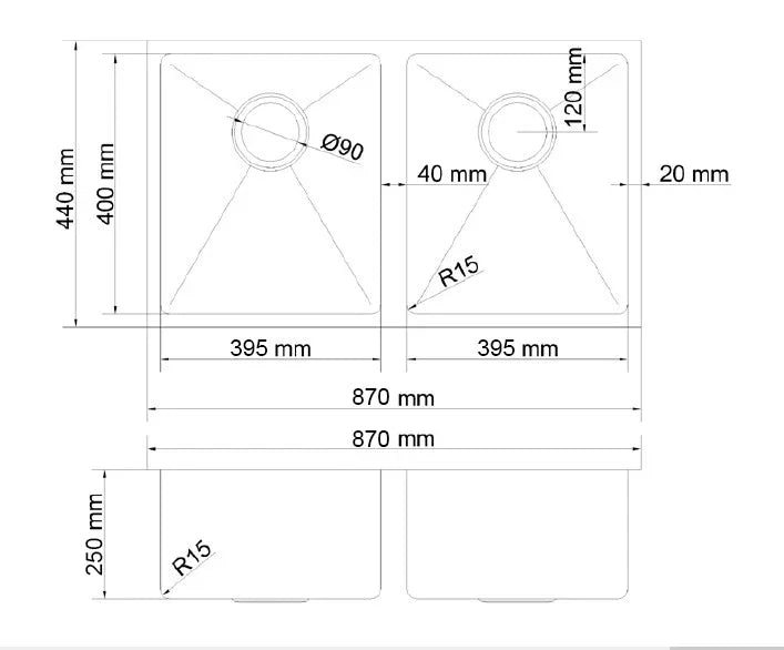 Double Bowls Sink Undermount/Top mount/Flush mount 870x450mm - Various Colours