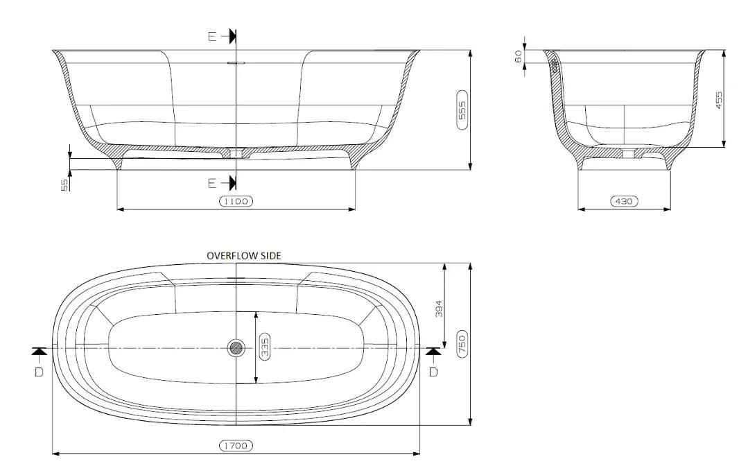 Signature Oval Solid Surface Freestanding Bath with Overflow 1700mm - Matte White