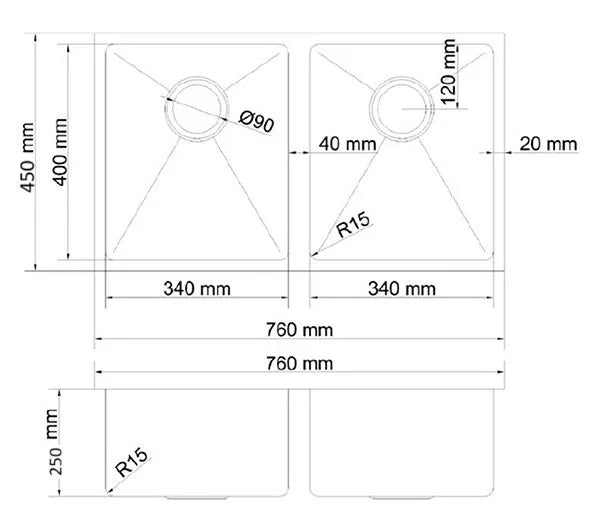 Double Bowls Sink Undermount/Top mount/Flush mount 760x450mm - Various Colours