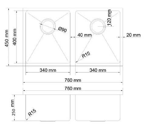 Double Bowls Sink Undermount/Top mount/Flush mount 760x450mm - Various Colours