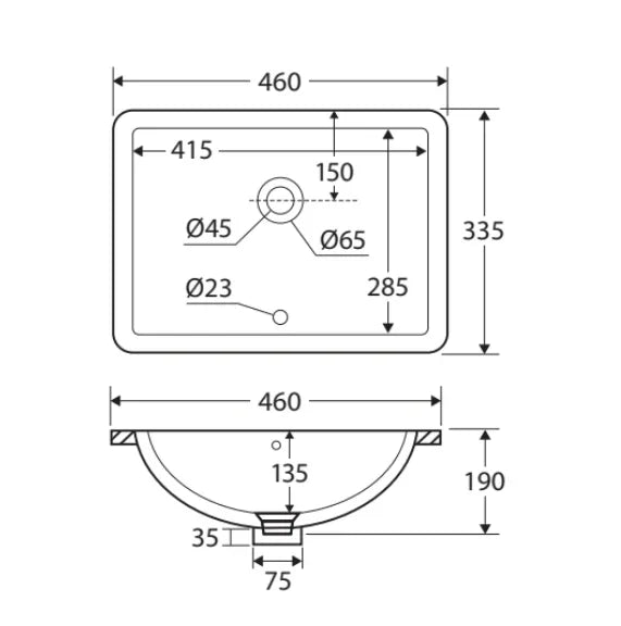 Zenith Rectangular Undermount Ceramic Basin 460 x 335mm