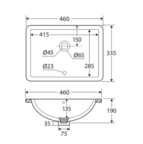 Zenith Rectangular Undermount Ceramic Basin 460 x 335mm