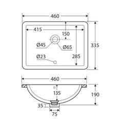 Zenith Rectangular Undermount Ceramic Basin 460 x 335mm