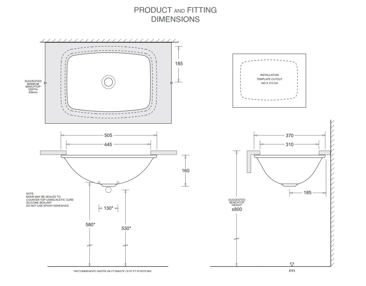 Oracle Rectangular Undermount Ceramic Basin 505 x 370mm - Gloss White