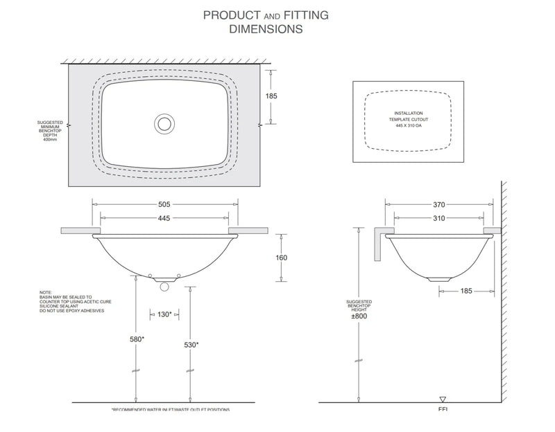 Oracle Rectangular Undermount Ceramic Basin 505 x 370mm - Gloss White