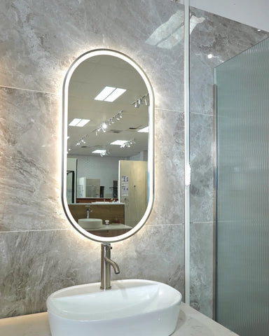 Pill Shape LED Mirror Touchless switch with Demister 450x900mm - Frameless / with Frame