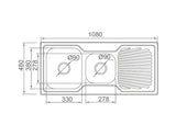Double Bowls with Drainer Topmount Kitchen Sink 1080x480x170mm - Stainless Steel