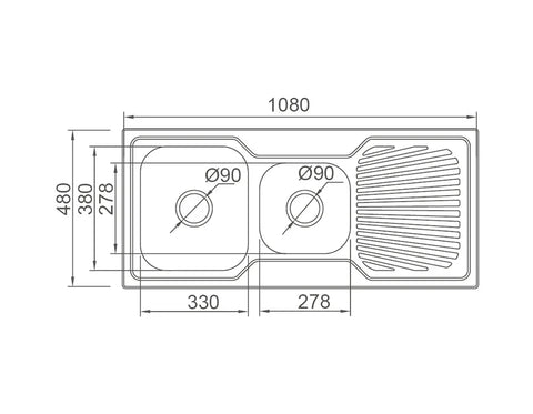 Double Bowls with Drainer Topmount Kitchen Sink 1080x480x170mm - Stainless Steel