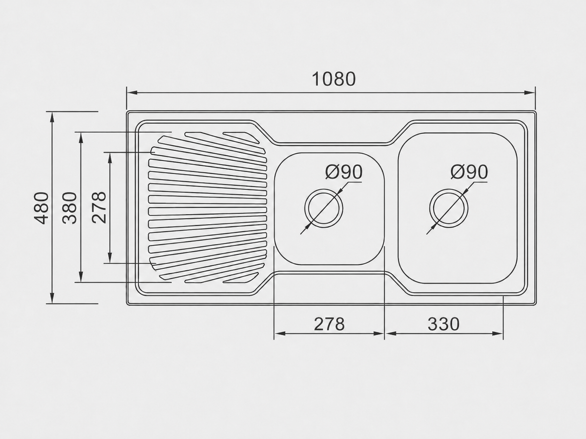 Double Bowls with Drainer Topmount Kitchen Sink 1080x480x170mm - Stainless Steel