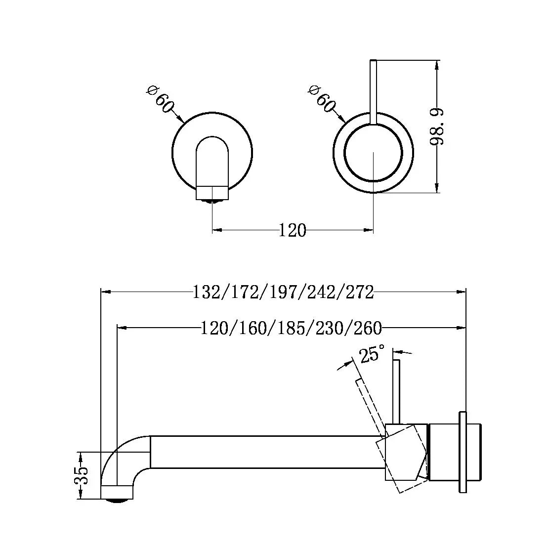 Nero Tapware WBM21 Mecca Handle Up Wall Basin/Bath Mixer Set with 185mm Reach Spout - Various Colours
