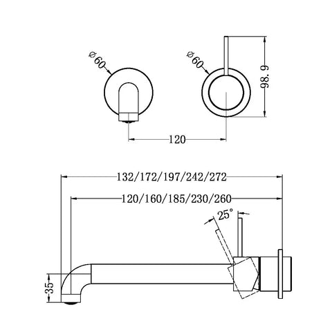 Nero Tapware WBM21 Mecca Handle Up Wall Basin/Bath Mixer Set with 185mm Reach Spout - Various Colours