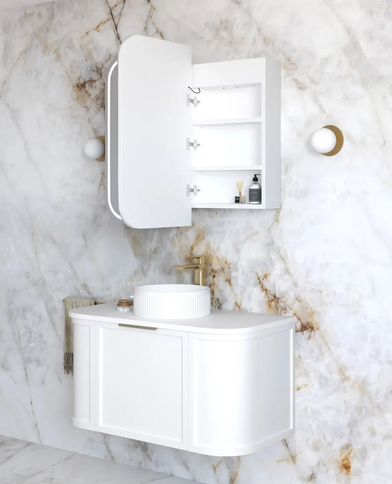 Soft Square LED Mirror Cabinet 450/900/1200/1500x750mm - Matte White / Natural Oak / Black Oak