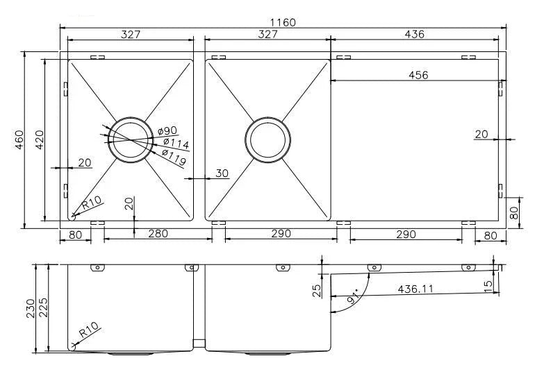 Double Bowls with Drainer Undermount/Topmount Kitchen Sink 1160x460mm - Various Colours