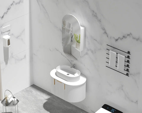 Pill Shape Mirror Cabinet Pencil Edge 450x900mm - Matte White / Matte Black / Woodgrain