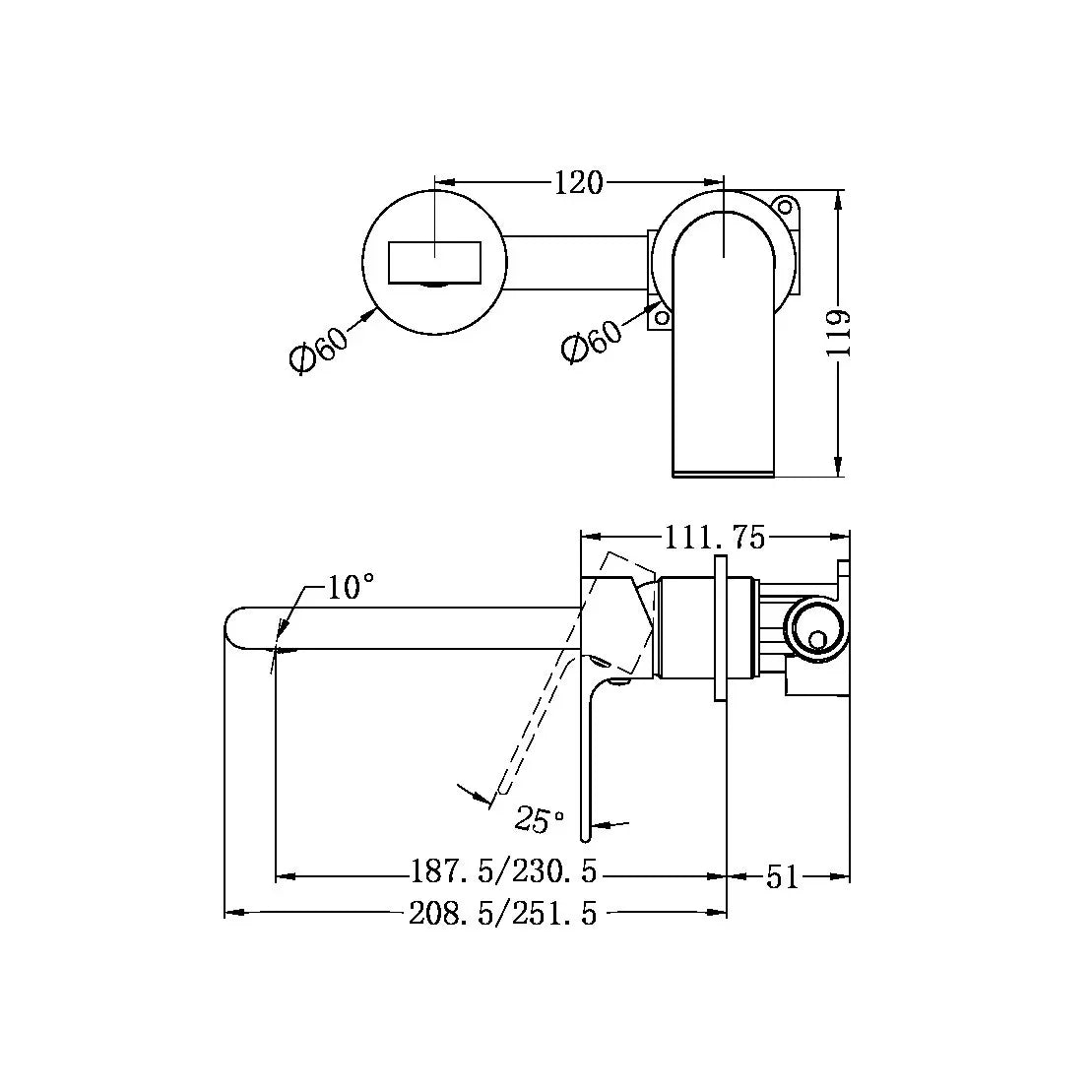 Nero Tapware WBM26 Bianca Wall Basin/Bath Mixer Set (Separate Backplate) with 187mm Reach Spout - Various Colours