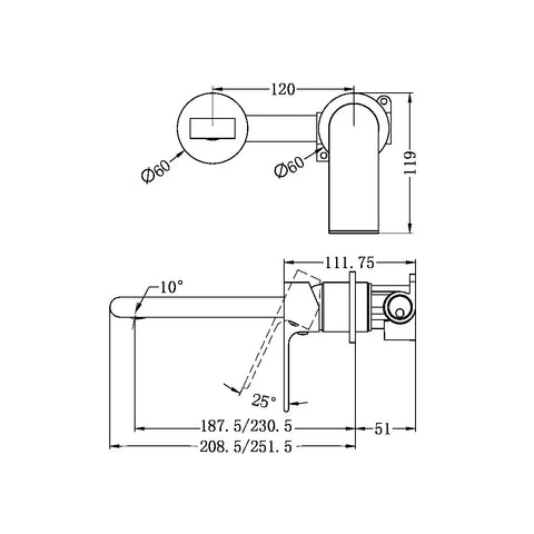 Nero Tapware WBM26 Bianca Wall Basin/Bath Mixer Set (Separate Backplate) with 187mm Reach Spout - Various Colours