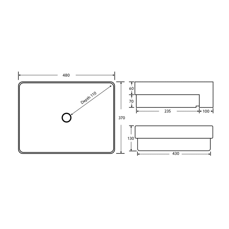 Elara Gloss White Rectangular Semi Recess Ceramic Basin 480x430mm