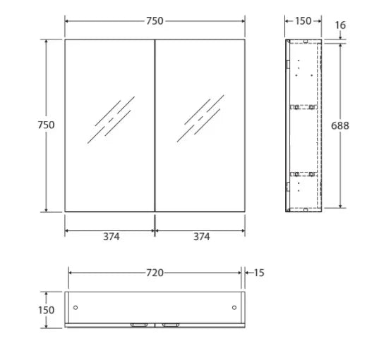 Mirror Cabinet Pencil Edge 600/750/900/1200mm - Various Colours