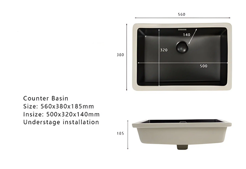 Chica Rectangular Undermount Ceramic Basin 560 x 380mm - Matte Black