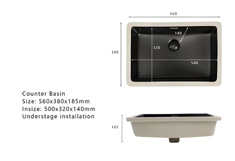 Chica Rectangular Undermount Ceramic Basin 560 x 380mm - Matte Black
