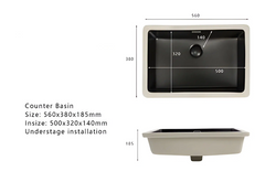 Chica Rectangular Undermount Ceramic Basin 560 x 380mm - Matte Black