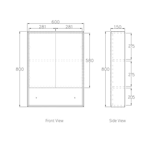 Mirror Cabinet with Open Shelf Pencil Edge - 600/750/900/1200/1500x800mm - Various Colours