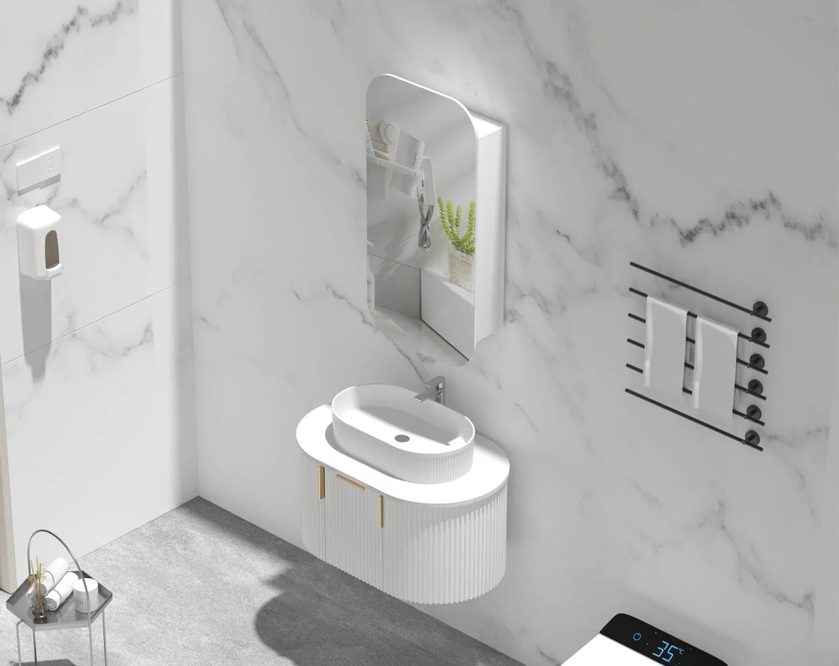 Soft Square Mirror Cabinet Pencil Edge 450x900mm - Matte White / Woodgrain