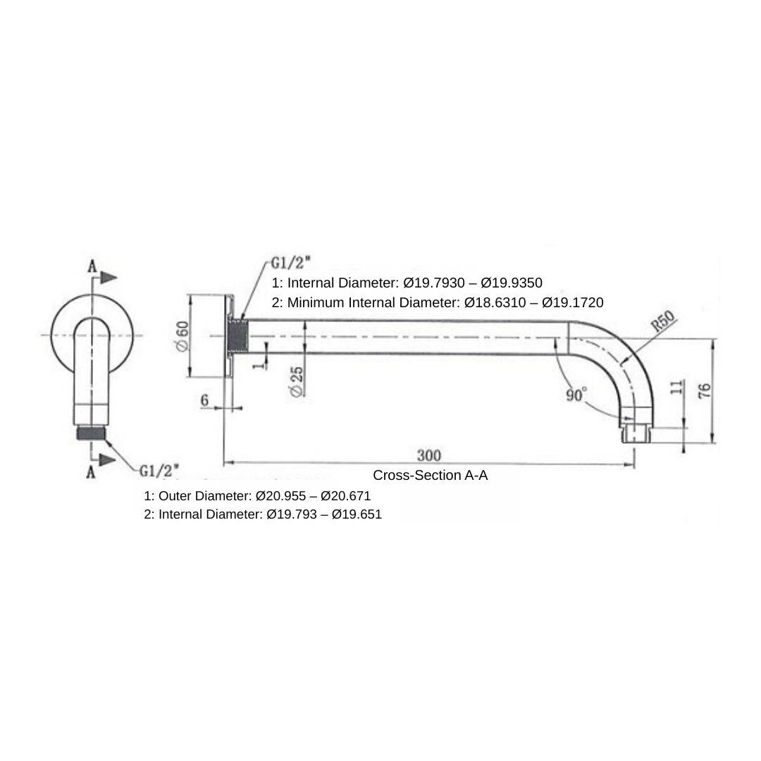 Right Angled Overhead Shower Arm - Various Colours