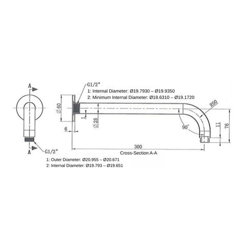 Right Angled Overhead Shower Arm - Various Colours