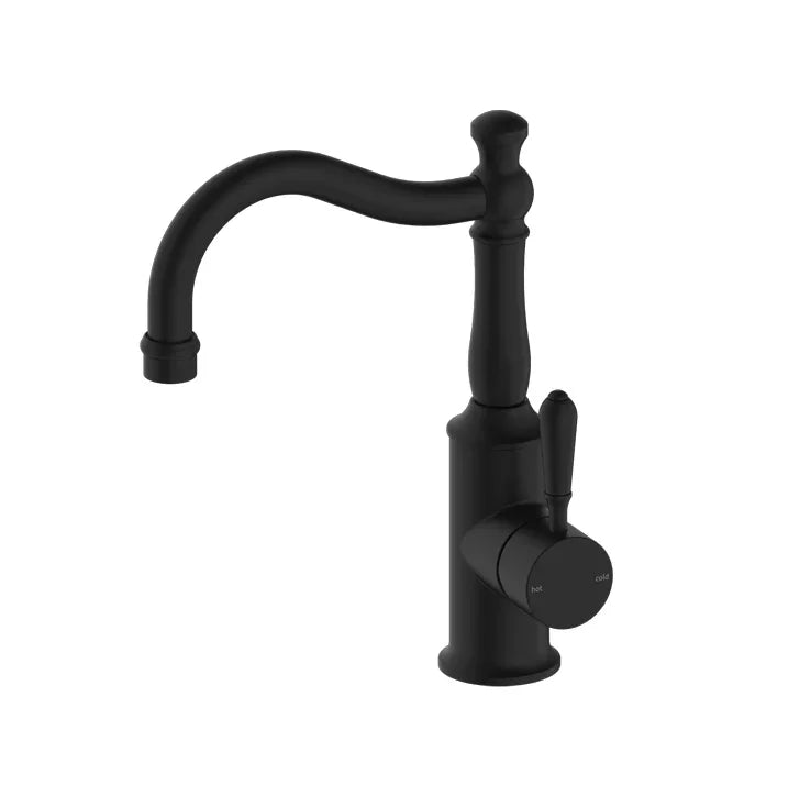 Nero Tapware BM34 York Basin Mixer Hook Spout with Metal/Porcelain Lever - Various Colours