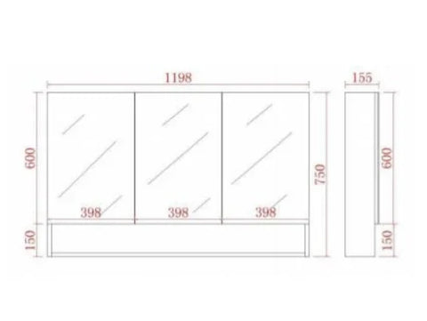 Mirror Cabinet with Open Shelf Pencil Edge 600/750/900/1200/1480x750mm - Matte Black