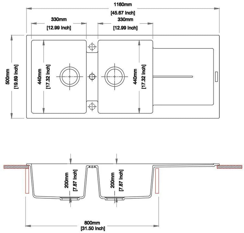 Floor Display - Double Bowl Topmount Sink with Drainer - Matte Black - 1160x500mm