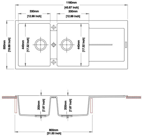 Double Bowl Topmount Sink with Drainer - Matte Black / Matte White - 1160x500mm